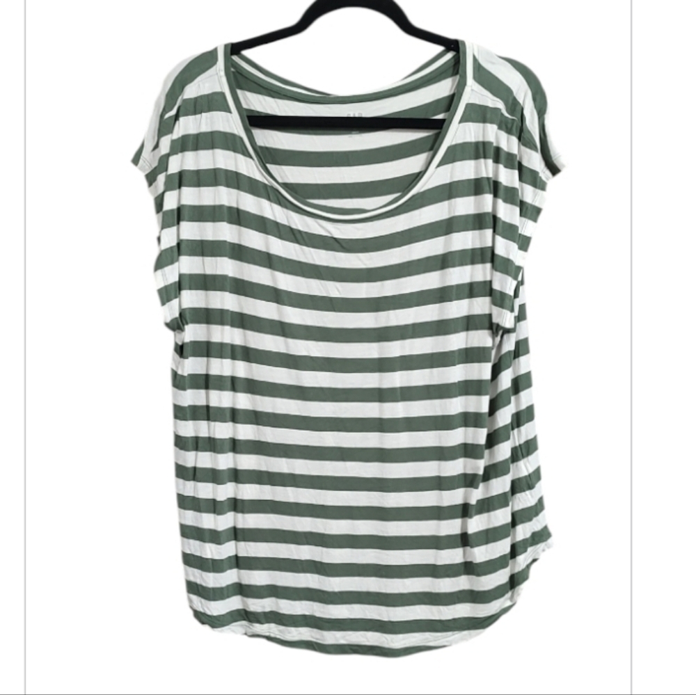 GAP Olive and White Striped Cap Sleeve Tee
